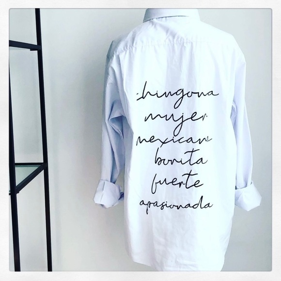 Button Down Shirt White Long Sleeve Chingona Mujer Mexicana Hand Painted Small - Picture 1 of 13